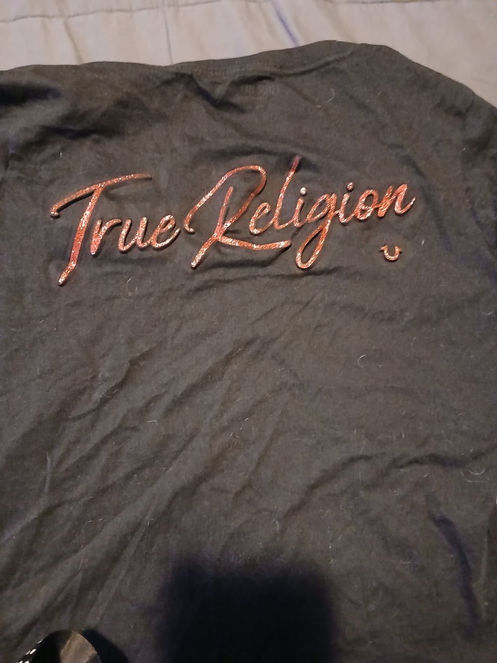 True Religion Black Short Sleeve Tee with Red Glitter Script